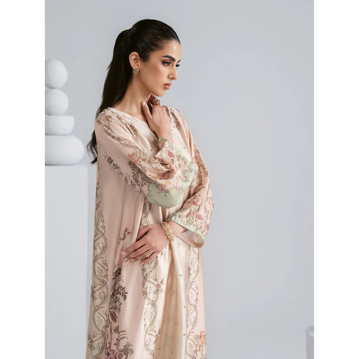 UAL-08 Printed Silk Kaftan with Trouser 2 Pc Set | Ally's