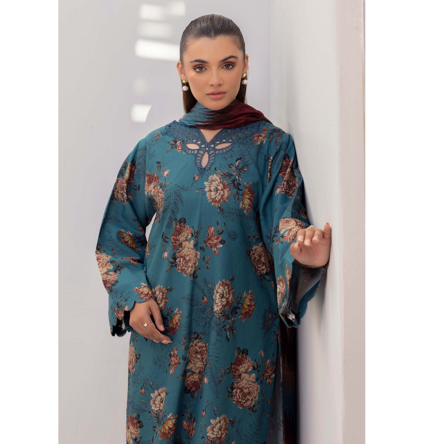 Smalt Blue 3 Pc Printed Khaddar Ready to Wear Dress - Adan's libas