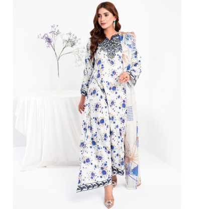 (White) 3 Pc Printed Floral Embroidered Linen Dress Winter Wear | Raniya.h