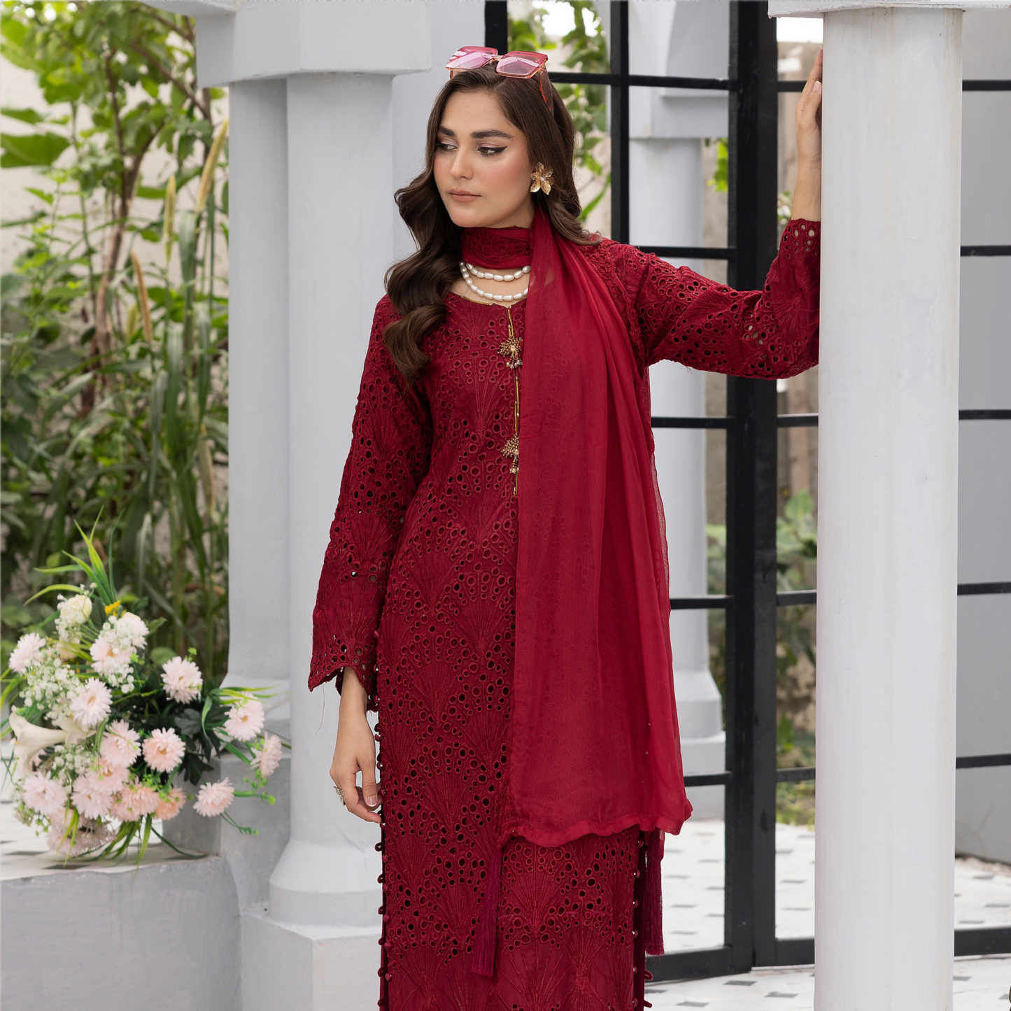 3 Pc Linen Chikenkari Ready to Wear Dress | Simrans | UMSIM4