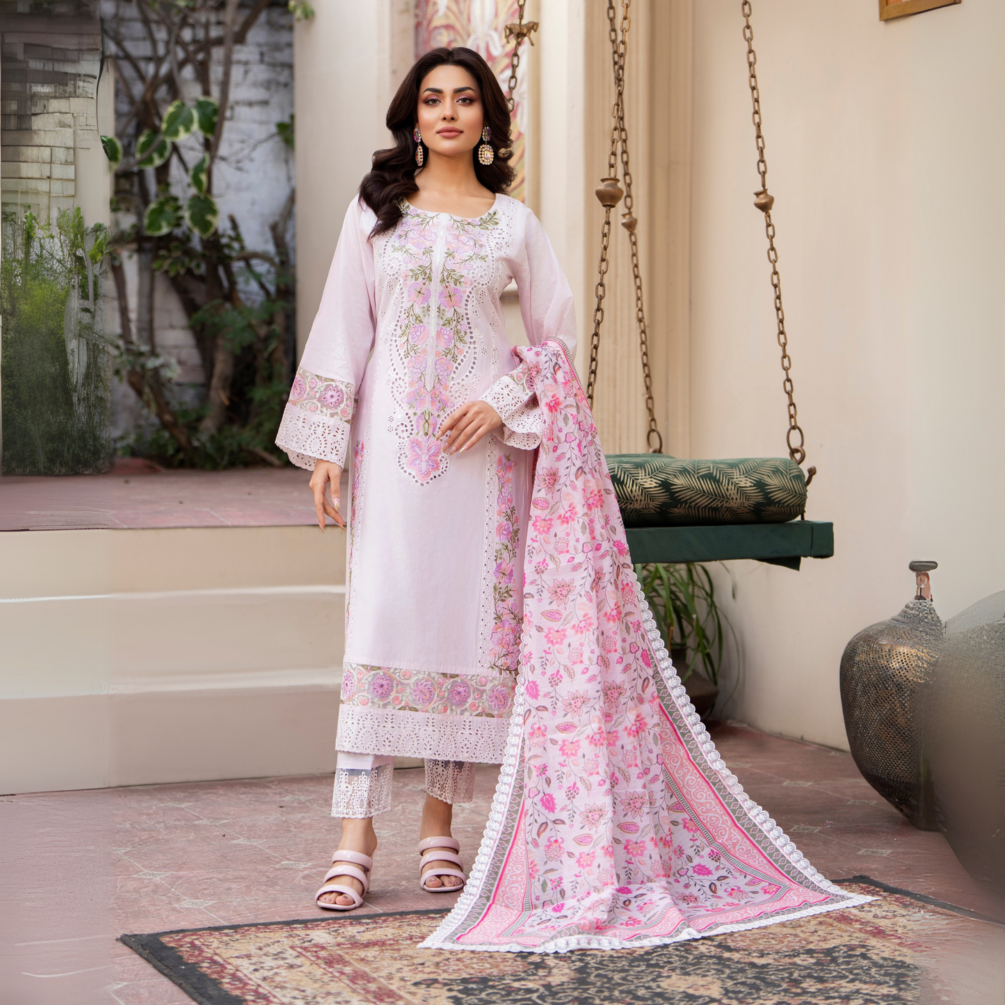 UKC-19 Chikenkari Cambric Cotton Ready to Wear Eid Collection 3 Pc - Karma Collection