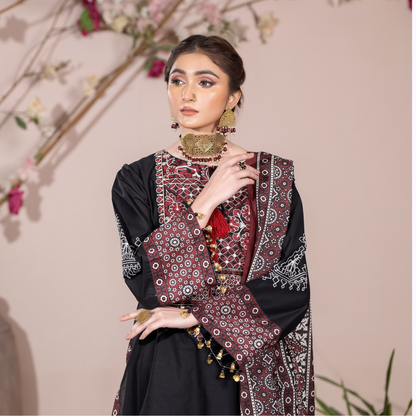 UKC-29 Embroidered Cambric Cotton dress with Ajrak Style Dupatta Ready to Wear 3 Pc - Karma Collection