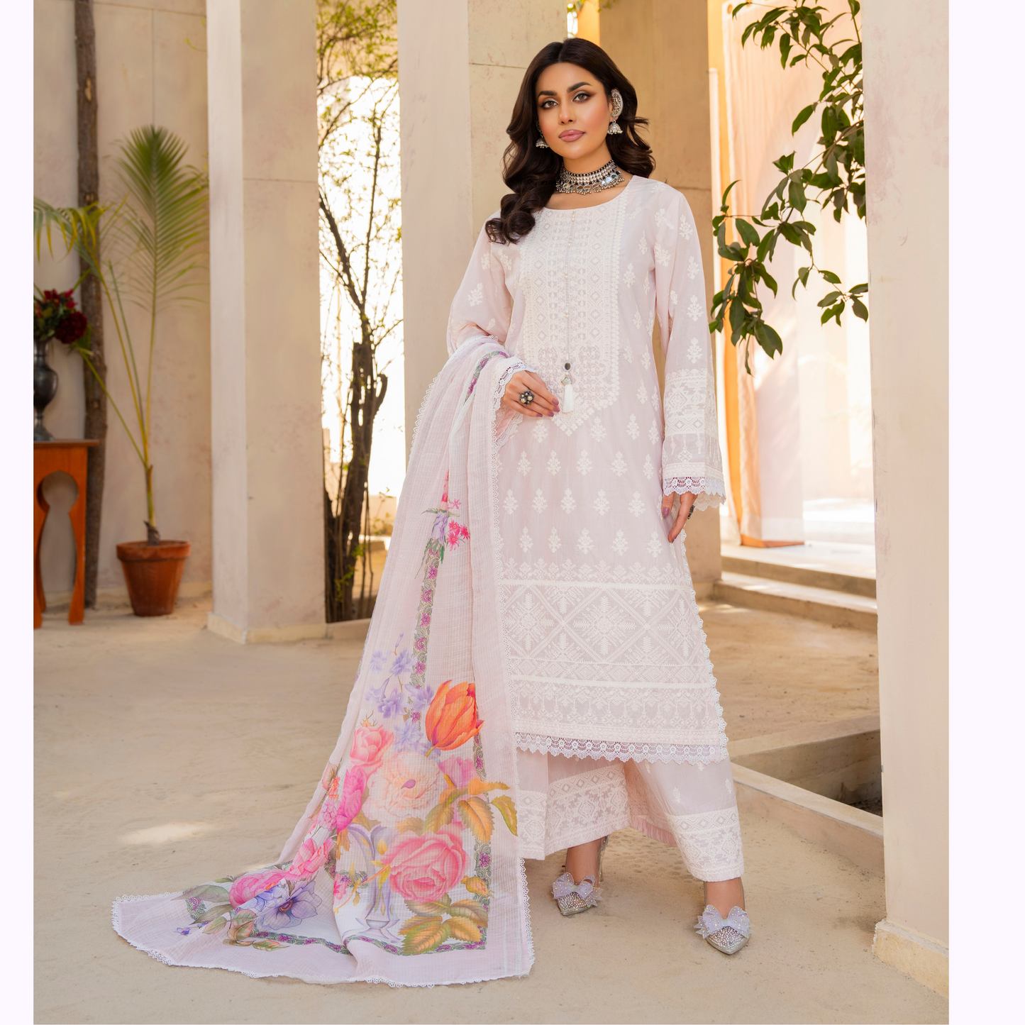 KC-1439 Embroidered Cambric Cotton Dress Ready to Wear 3 Pc - Karma Collection