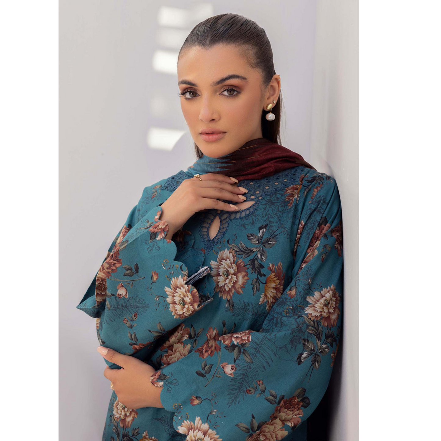 Smalt Blue 3 Pc Printed Khaddar Ready to Wear Dress - Adan's libas