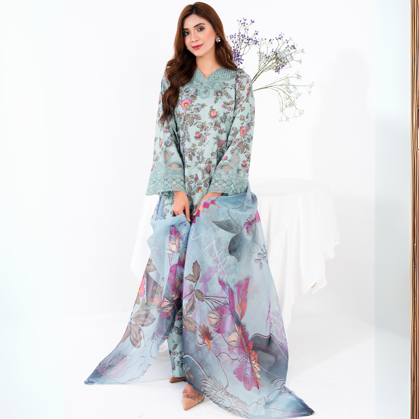 (Pale Aqua) 3 Pc Printed Floral Embroidered Linen Dress Winter Wear | Raniya.h