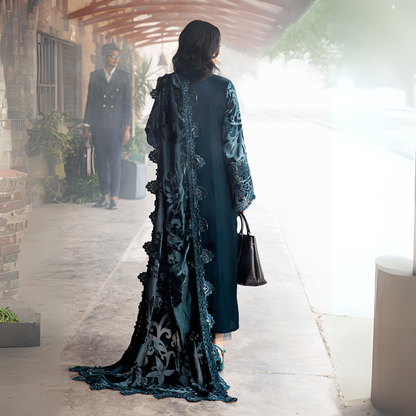 (Teal Blue) Embroidered Luxury Velvet & Palachi | 3 Pc | Winter Collection | MARIA.B
