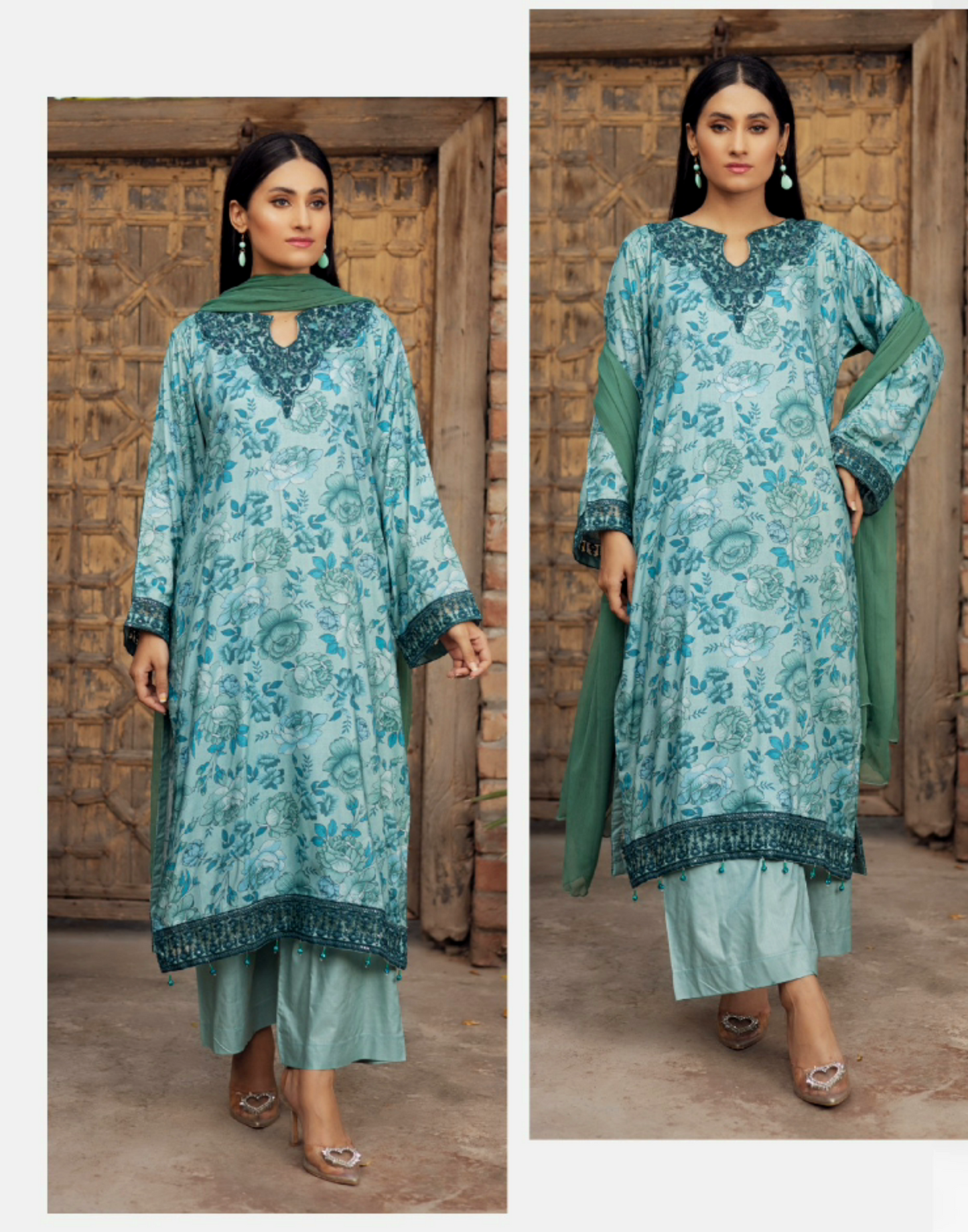 Pale Sea Green | Printed Linen Shirt & Trouser With Chiffon Dupatta| Ready to Wear 3 Pc dress - Rangz
