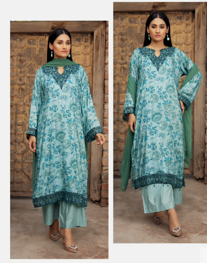 Pale Sea Green | Printed Linen Shirt & Trouser With Chiffon Dupatta| Ready to Wear 3 Pc dress - Rangz
