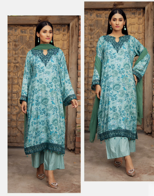 Pale Sea Green | Printed Linen Shirt & Trouser With Chiffon Dupatta| Ready to Wear 3 Pc dress - Rangz