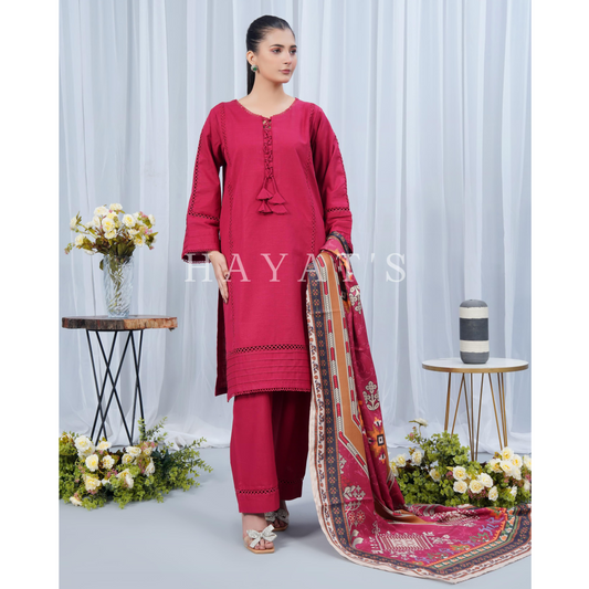 Hot pink Khaddar Dress with Shawl |3 Pc| Winter Collection | Hayats