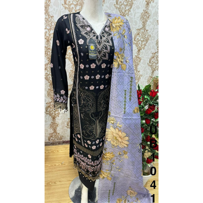 3 Pc Embroidered Linen Dress With Cotton Silk Printed Dupatta  By UB