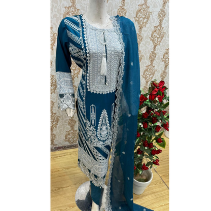 3 Pc Embroidered Linen Dress With Embroidered Chiffon Dupatta  By UB