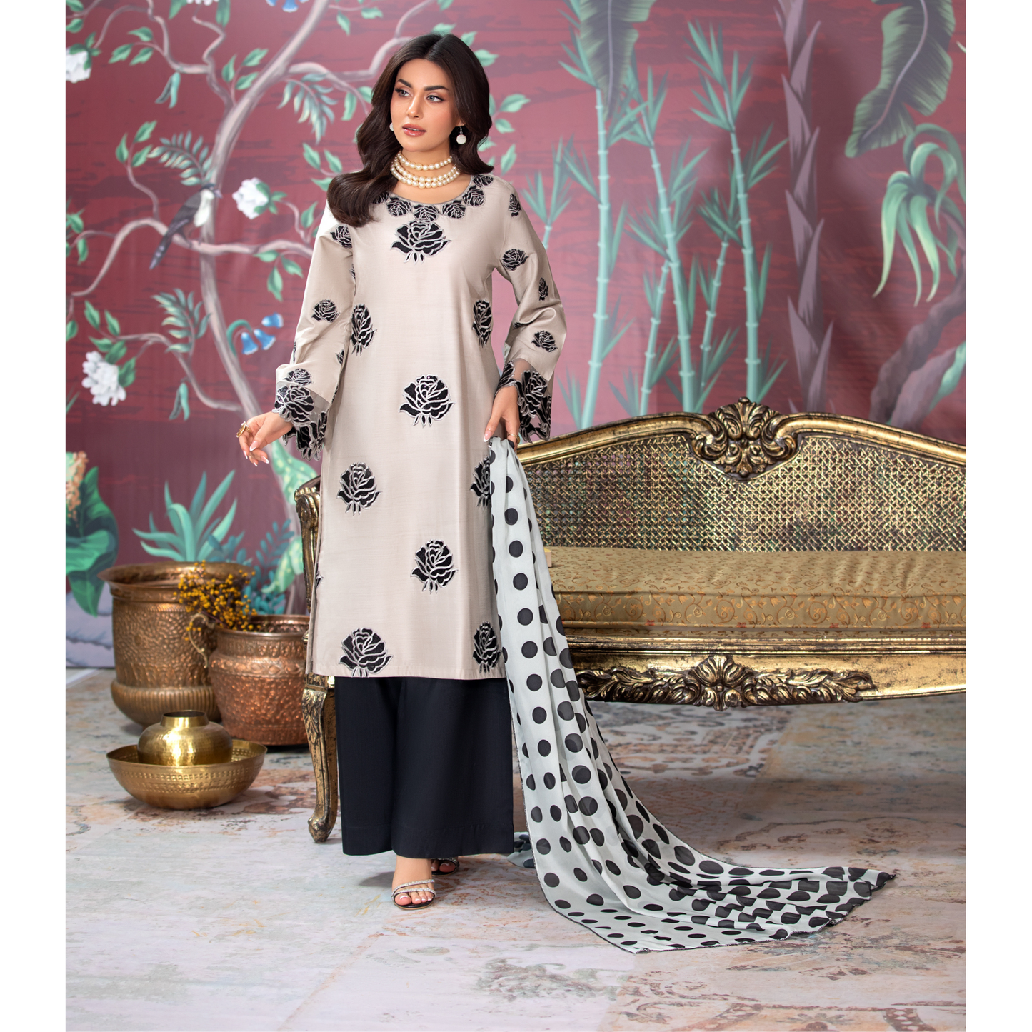 (Bone Beige) 3 Pc Embroidered Viscose Pakistani Dress With Silk Printed Dupatta  | Winter Wear | Heera's