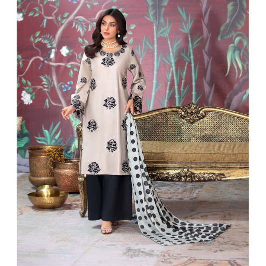 (Bone Beige) 3 Pc Embroidered Viscose Pakistani Dress With Silk Printed Dupatta  | Winter Wear | Heera's