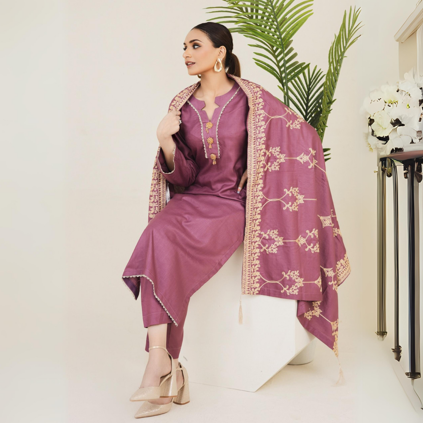3 Pc Dhanak Dress with Embroidered Dhanak Shawl | Winter Collection | Rangz