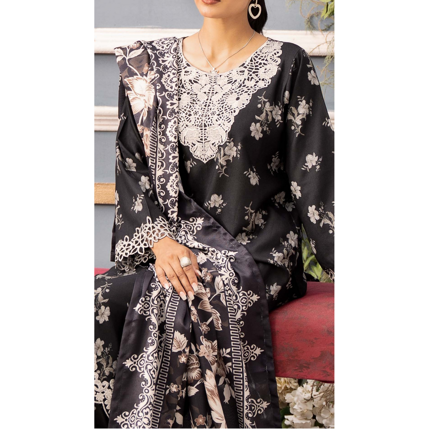 (Black) Embroidered Printed Dhanak Dress with Dhanak Shawl | Winter Collection | Raniya.h