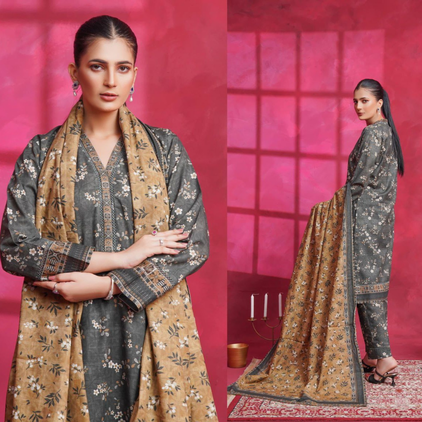 (Dark Grey) Printed Khaddar Dress  |3 Pc| Winter Collection | Hayats
