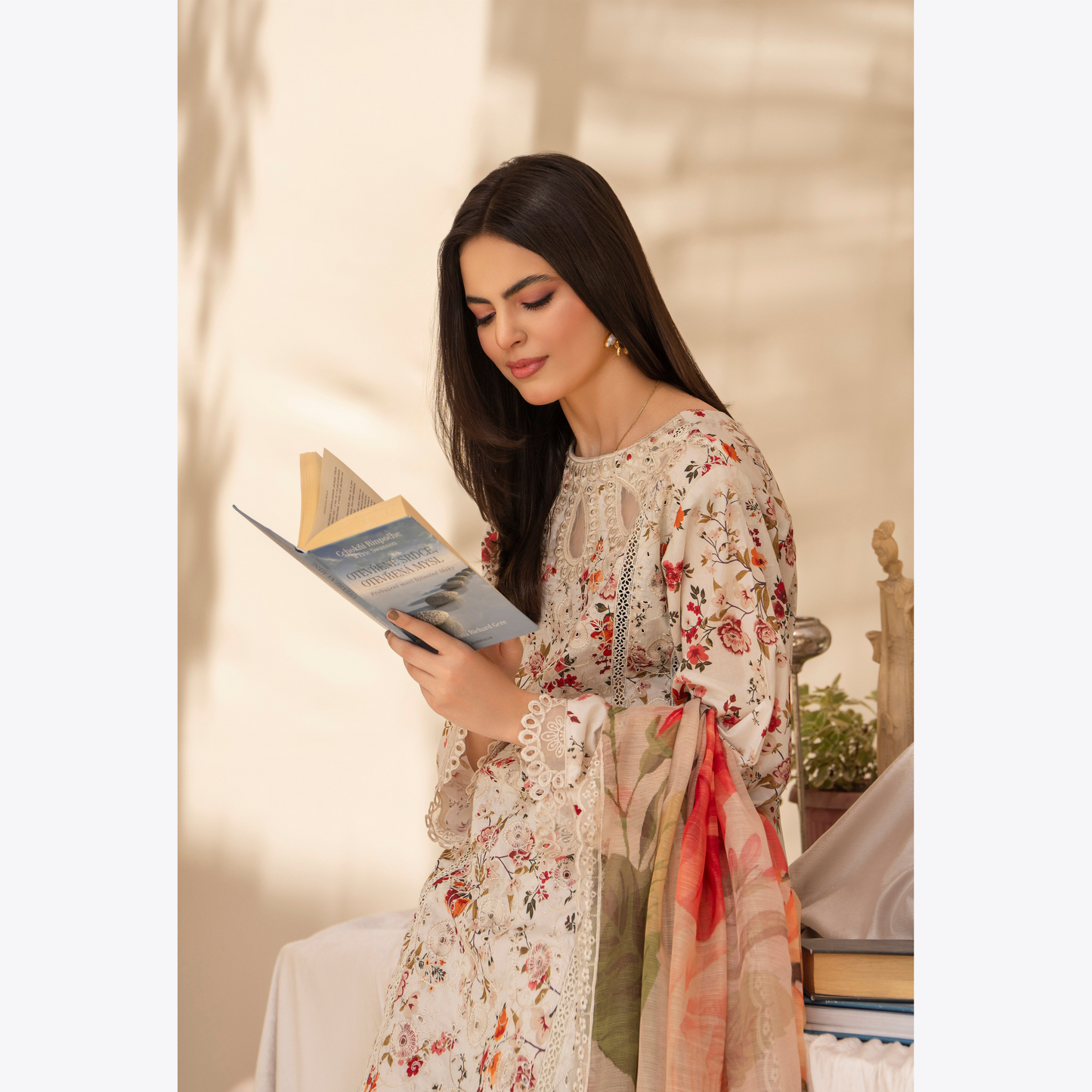 Multi floral Print Cotrai dhanak with pasmina wool shawl 3 Pc - Karma Collection | UMKC0601