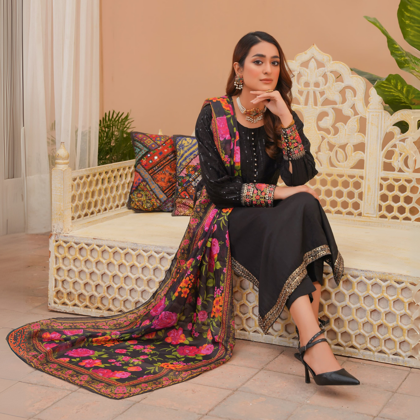 UA-27 (Black) Embroidered Viscose Dress & Chiffon Dupatta UMNAA