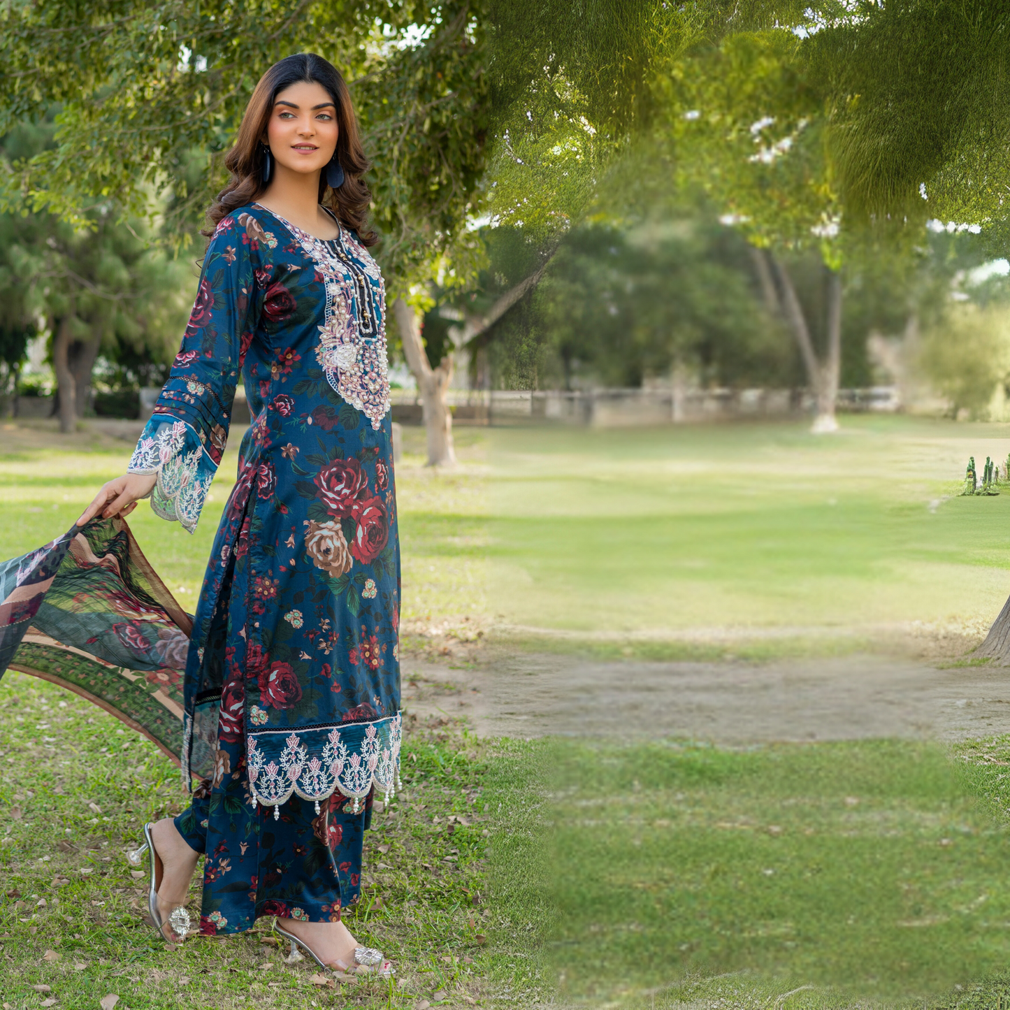Winter Linen Printed Handwork Embroidered Dress 3 Pc |Ready to Wear| Rangz | UMRGZ3700