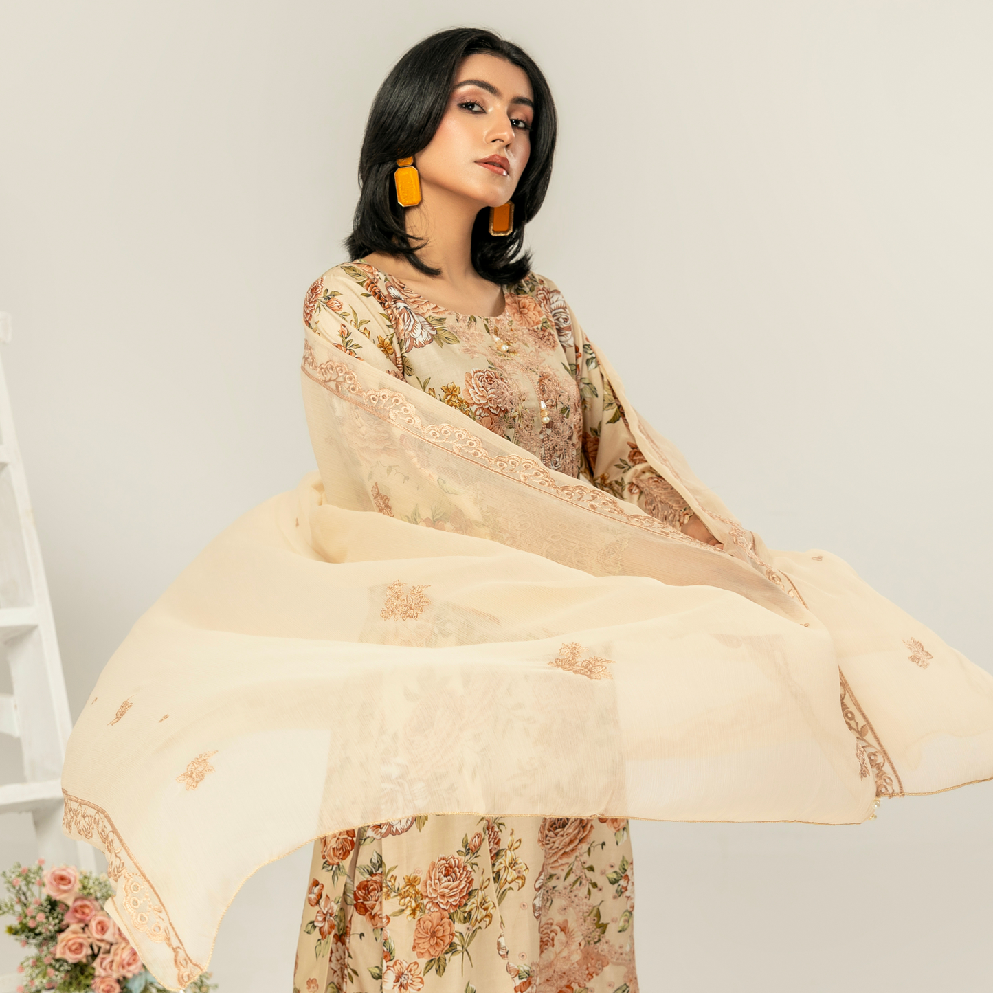 UMS-10 Floral Printed Embroidered Linen | 3 Pc | Ready-to-wear Dress - Simrans
