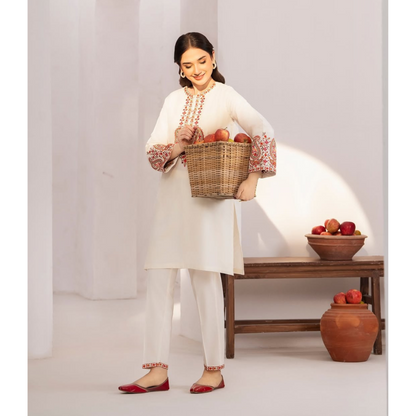 UA-49 Embroidered Cambric  Cotton with Pockets 2 Pc Co Ord Set Dress | Ready to wear | UMNAA