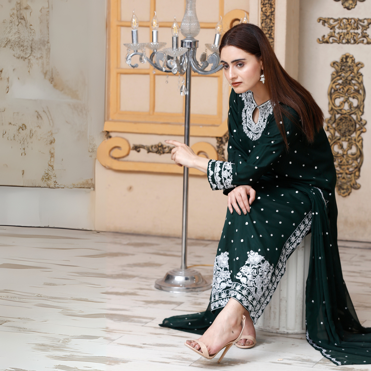 UA-54 3Pc Luxury Embroidered Chiffon Dress with Chiffon Dupatta 3 Pc |Ready to Wear| Umnaa