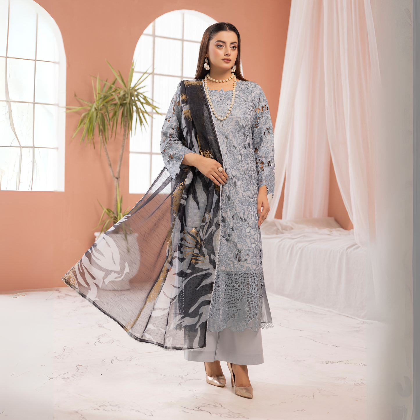 UMS-16 3 Pc Chikenkari Cambric Cotton Ready to Wear Dress | Simrans