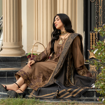 (Coffee Brown) 3 Pc Embroidered Cambric Cotton Ready to Wear Dress | Eid Wear | Heera's