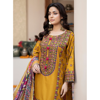 KC-1433 Embroidered Cambric Cotton Farshi Shalwar Kameez Ready to Wear 3 Pc - Karma Collection