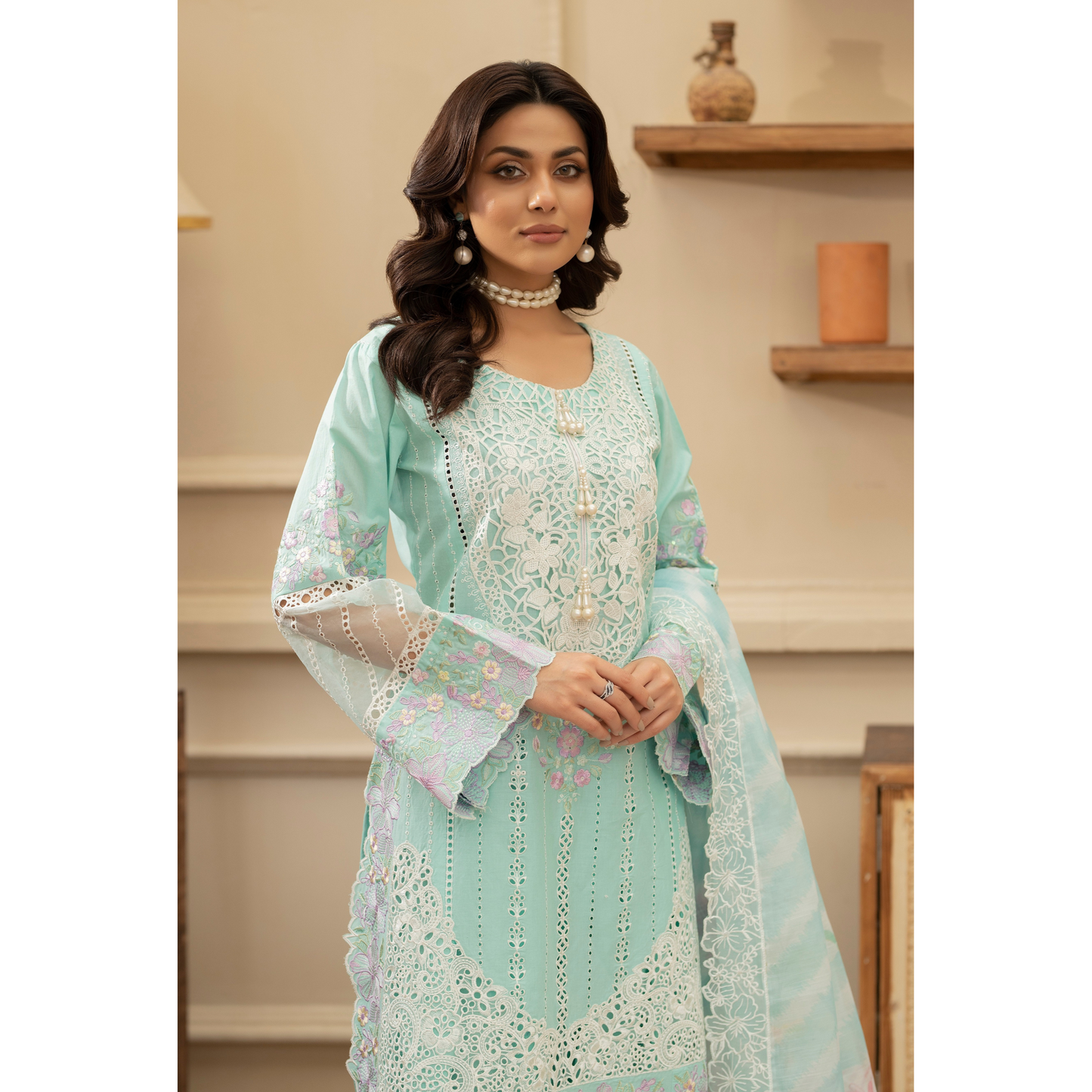 KC-1435 Embroidered Cambric Cotton Farshi Shalwar Kameez Ready to Wear 3 Pc - Karma Collection
