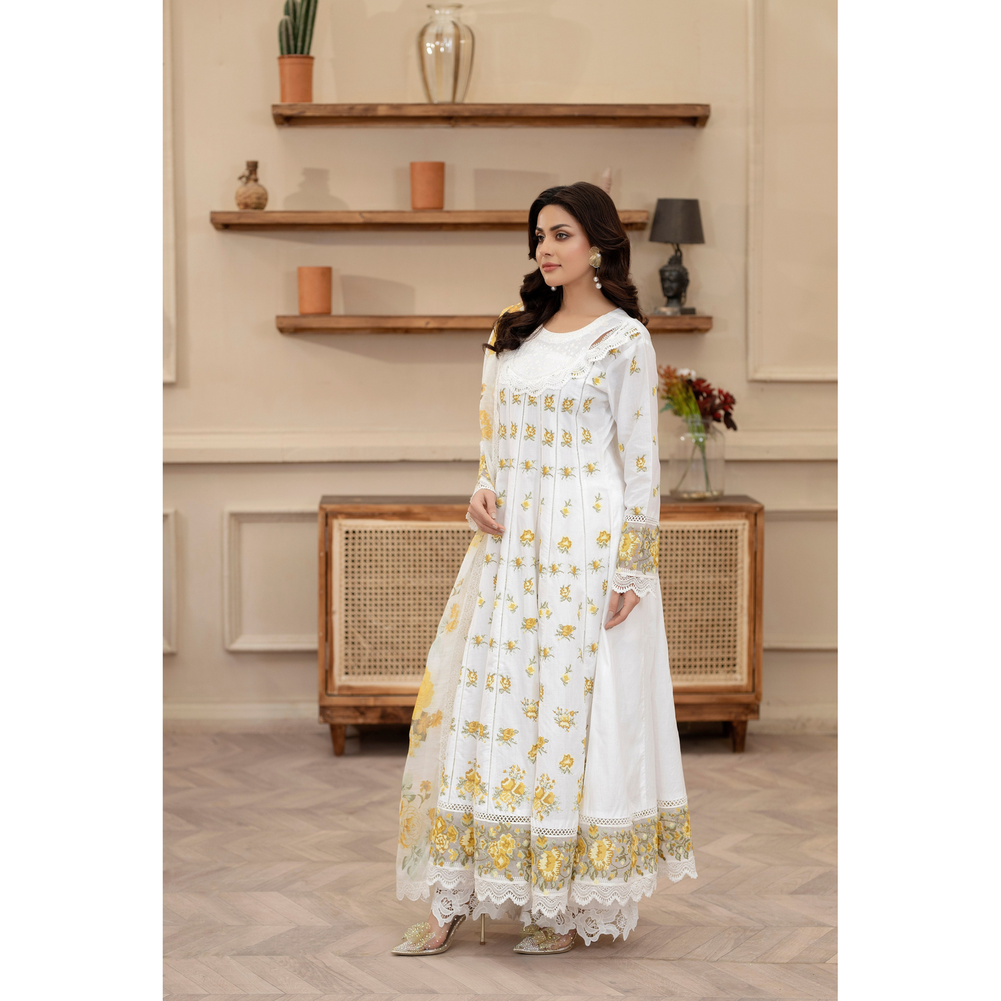 KC-1436 Embroidered Cambric Cotton long Frock Dress Ready to Wear 3 Pc - Karma Collection