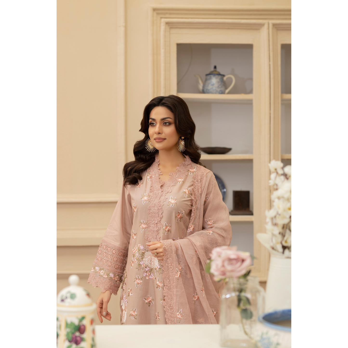KC-1437 Embroidered Cambric Cotton long Frock Dress Ready to Wear 3 Pc - Karma Collection
