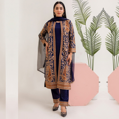 UMRZ-44 Embroidered Linen Coat Style Shirt with Pocket Trouser Dress and Chiffon Dupatta 3 Pc |Ready to Wear| Rangz