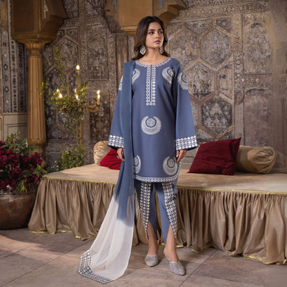 (Greyish Blue) 3 Pc Embroidered Cambric Cotton Ready to Wear Dress | Eid Wear | Heera's