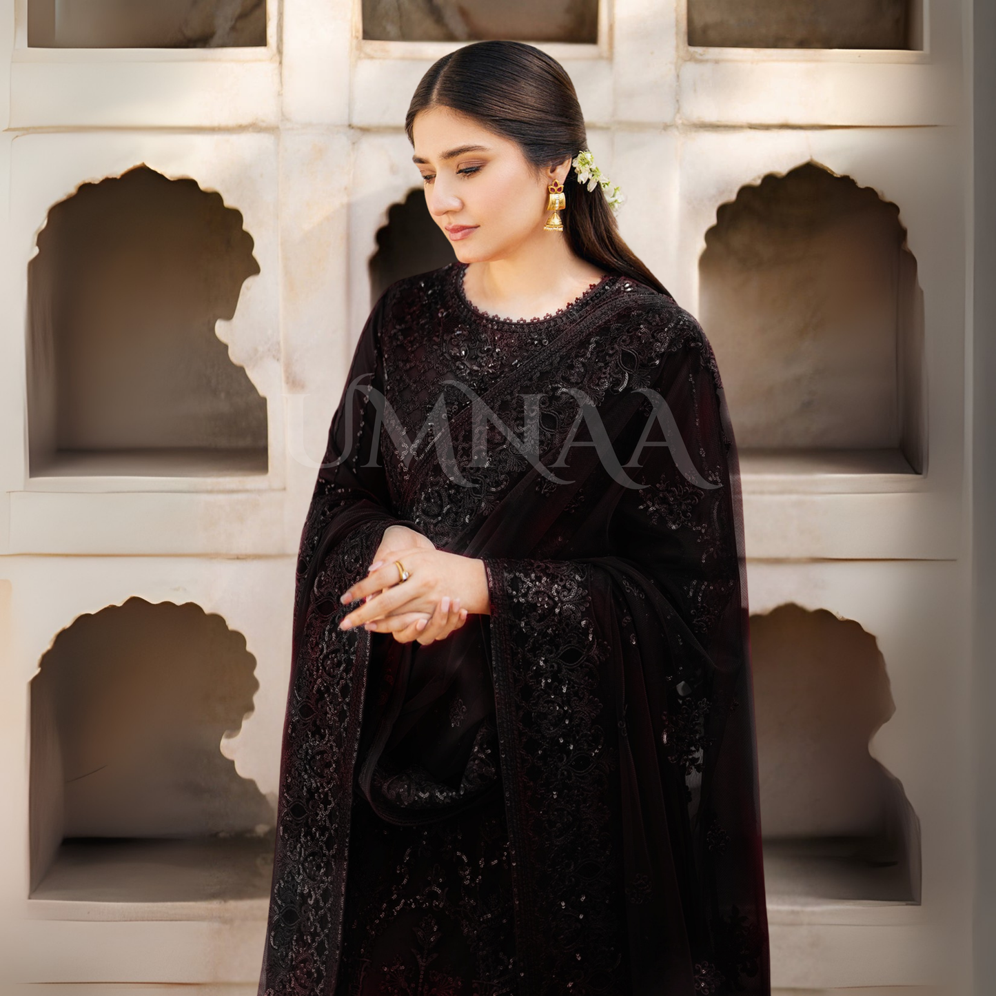 UA-102 IMROZIA inspired Luxury Embroidered Ready to Wear Dress by Umnaa