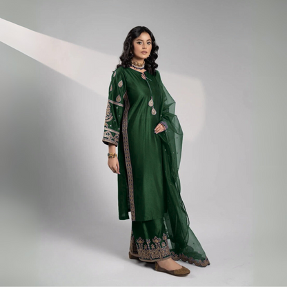 USP-01 Luxury Festive Embroidered Chambray Katan Dress by Sha Posh | Pakistani Dress Asian Clothes