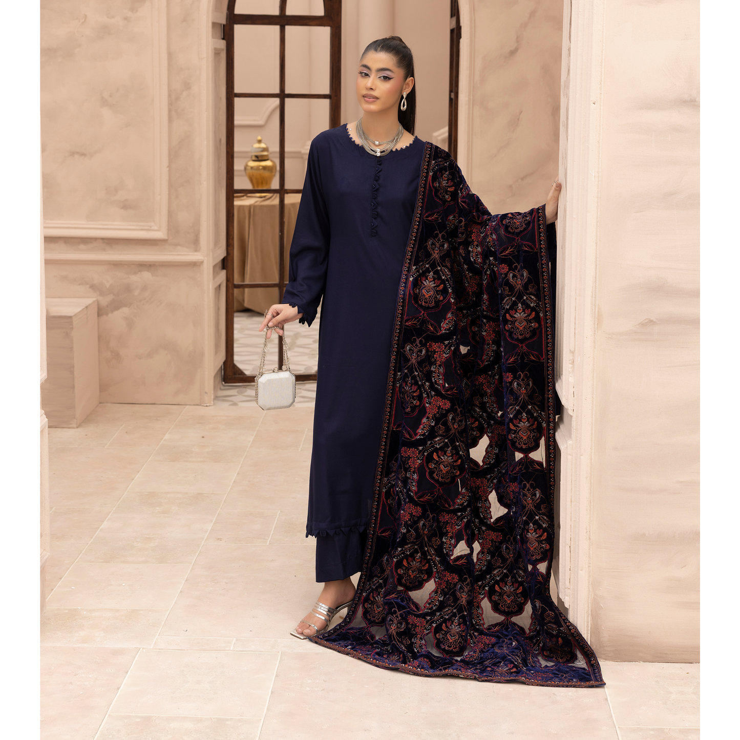 UMS-37 Hanna by Simrans Embroidered Dhanak Dress with Winter Laser Cut Shawl | Ready to Wear | Asian Clothes