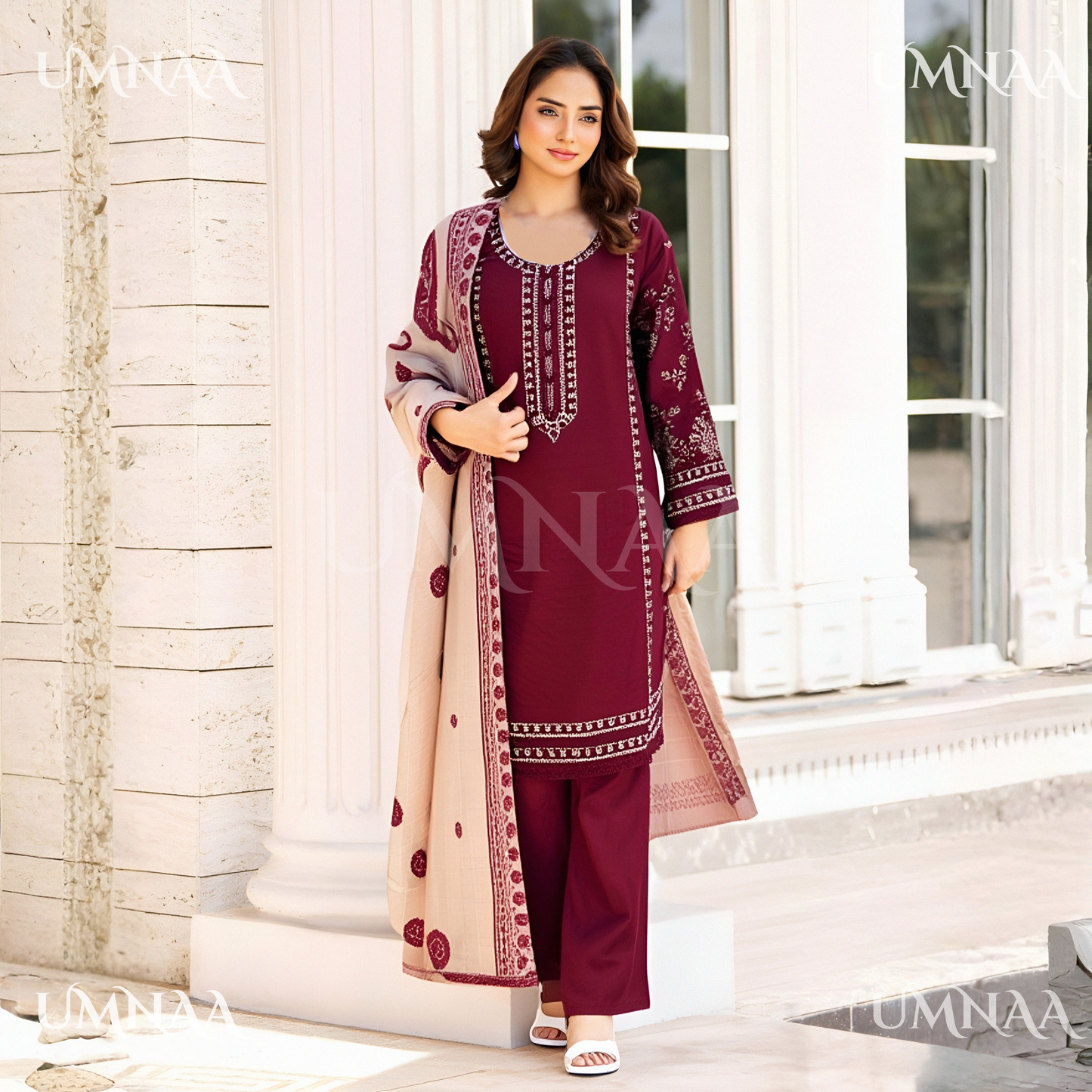 UA-137 Dhanak dress with Kashmiri Wool Shawl by Umnaa | Ready to Wear | Asian Clothes