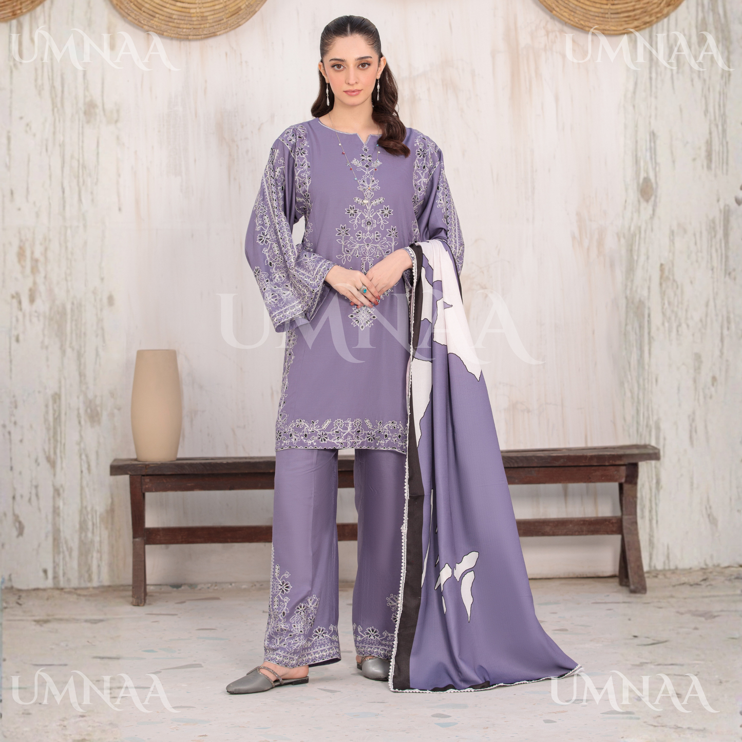 UA-146 Embroidered Linen dress with Pashmina Shawl | Umnaa
