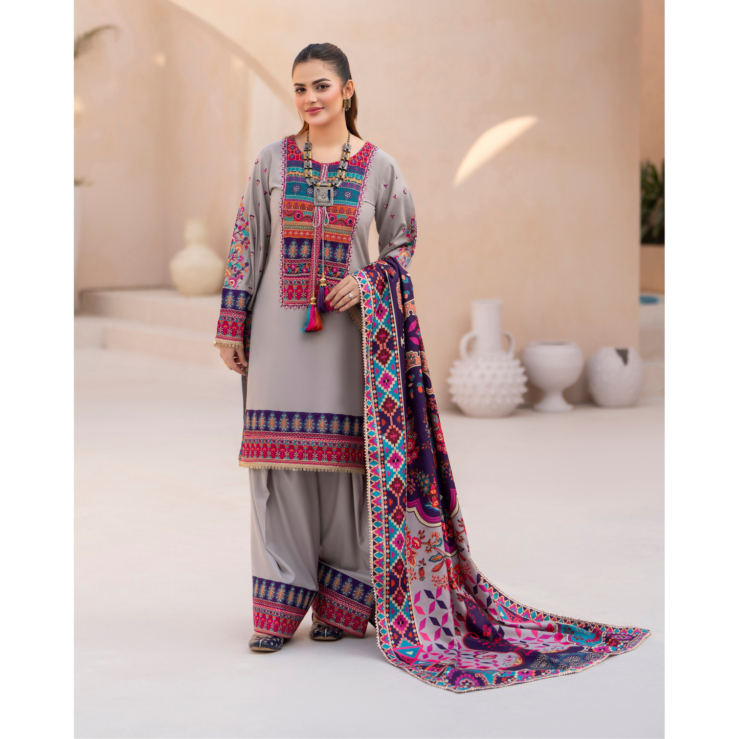 "Mishaal" Khat Edition Luxury Embroidered Farshi Shalwar 3 Piece by Karma Collection