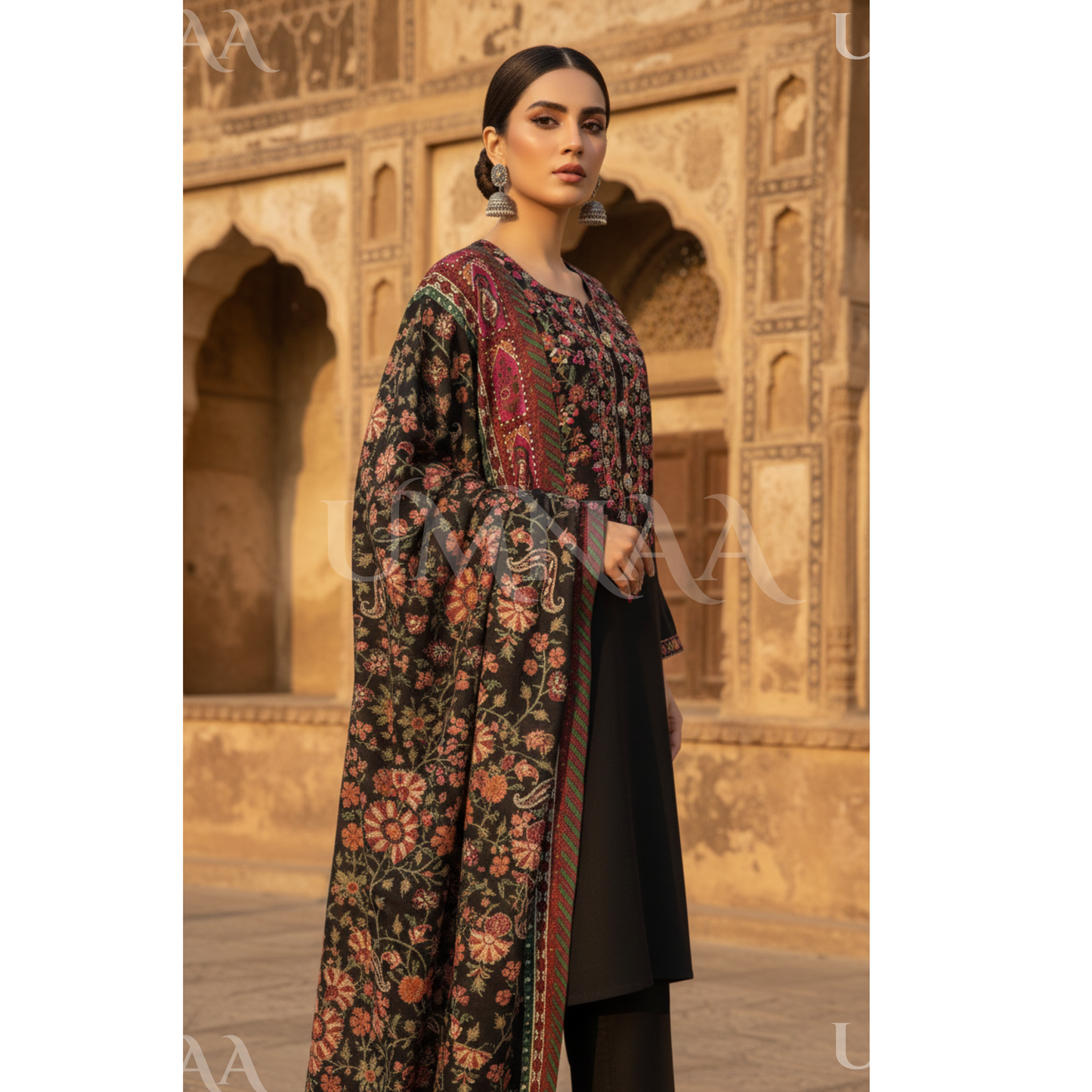 UA-161 Embroidered Dhanak dress with Pashmina Shawl by Umnaa