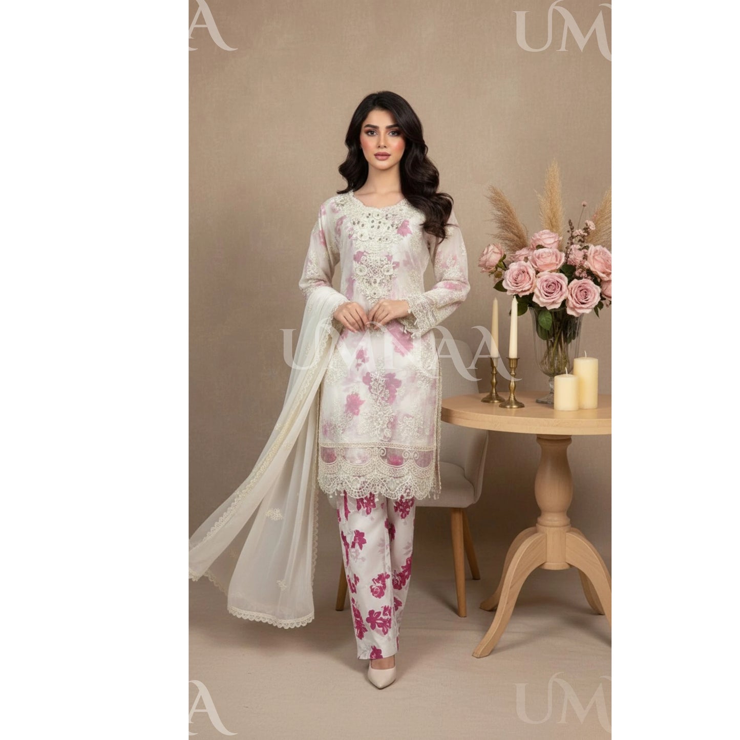 UA-165 Embroidered Chiffon 3-Piece with Printed Lining & Trouser