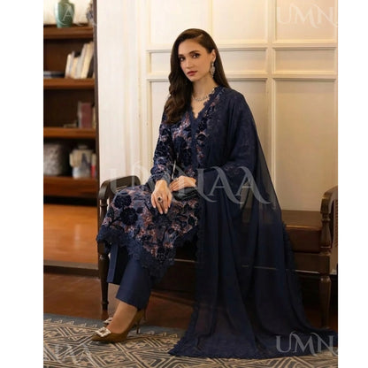 UA-175 Festive Palachi Velvet Dress with Chiffon Dupatta 3 Pc Collection by Umnaa