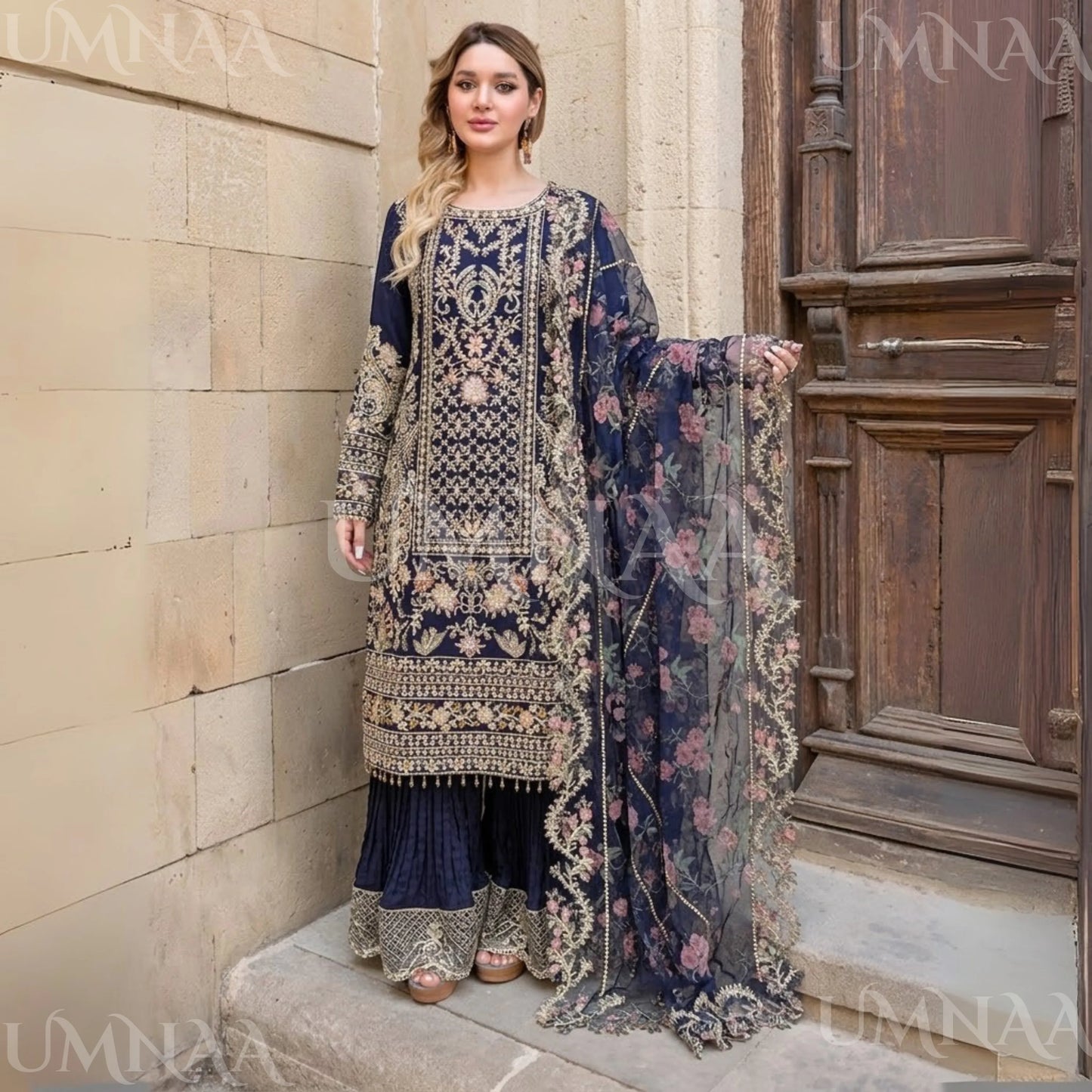 UA-180 Navy Blue Embroidered Festive Chiffon Crushed Sharara Dress by Umnaa