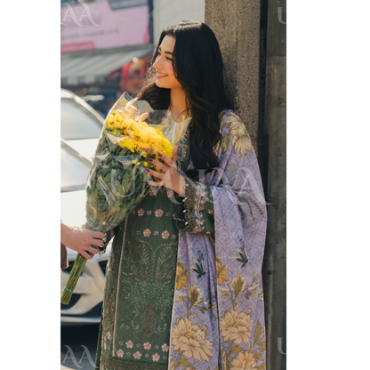 UB-01 3 Pc Embroidered Linen Dress With Cotton Silk Printed Dupatta  By UB
