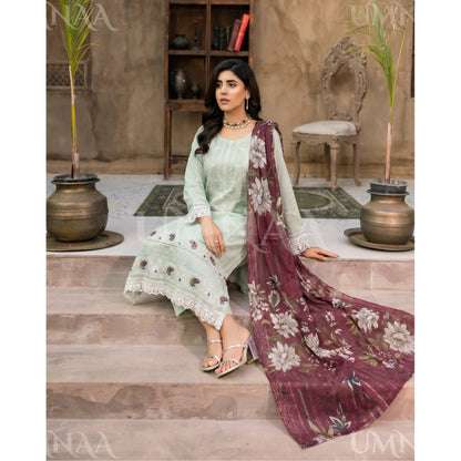UB-03 3 Pc Embroidered Linen Dress With Cotton Silk Printed Dupatta  By UB