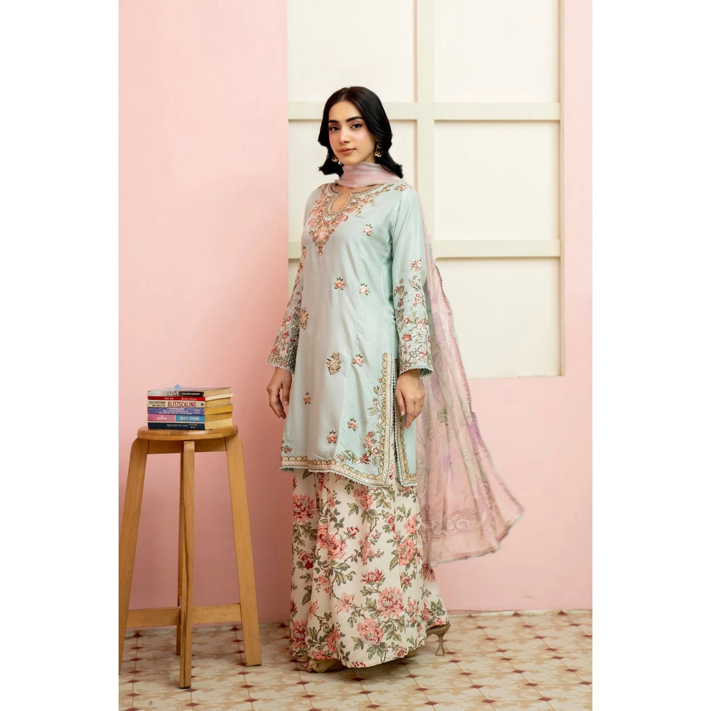 UMRZ-60 Maharani Festive Embroidered Linen with printed Sharara collection by Rangz | Ready to Wear Pakistani Asian clothes