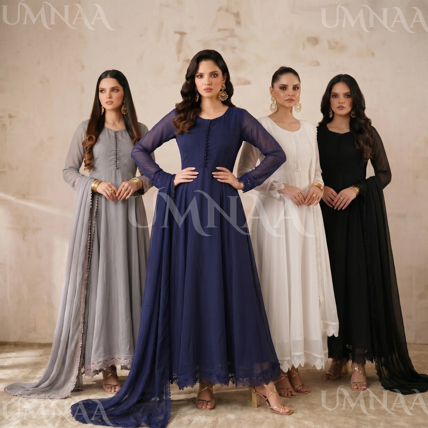 UA-204 Luxury Embroidered Chiffon Frock Collection 3 Pc | Ready to Wear | Umnaa