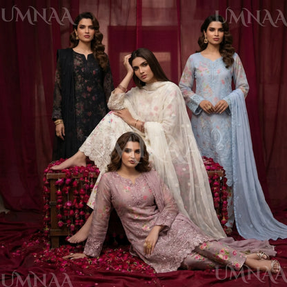 UA-205 Embroidered Chiffon 3-Piece with Printed Lining & Trouser